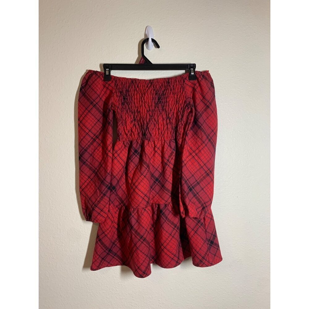 NWT Btween Boho Dress Off Shoulder Long Sleeve Plaid Retro Y2K Red Girls Sz 8